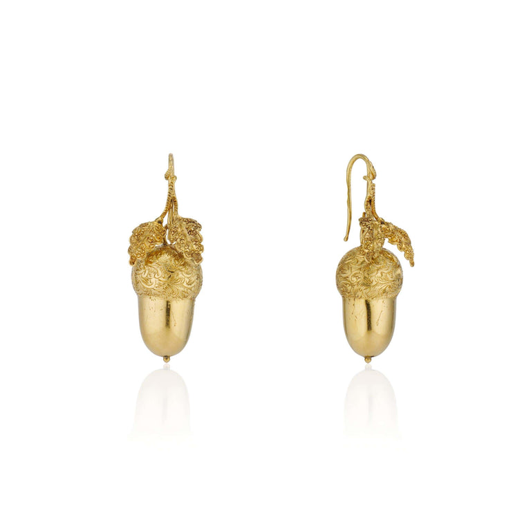 Antique Victorian Acorn and Oak Leaf Earrings in 14k Gold