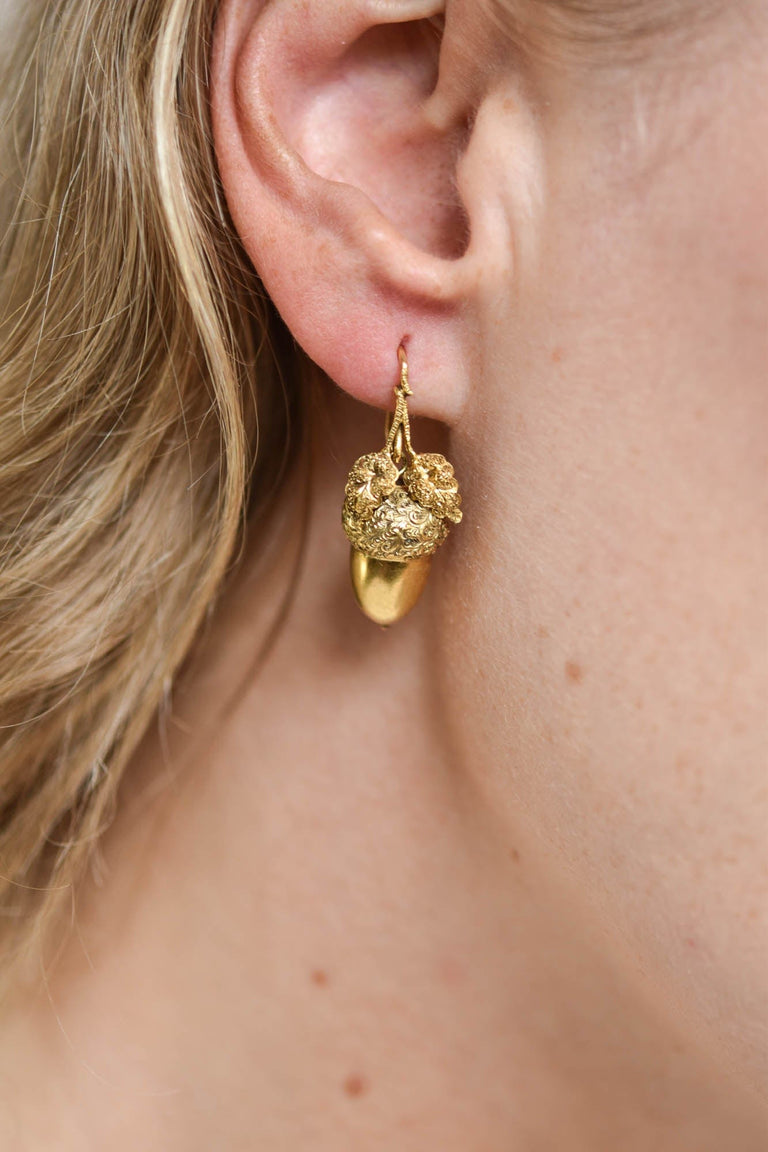Antique Victorian Acorn and Oak Leaf Earrings in 14k Gold