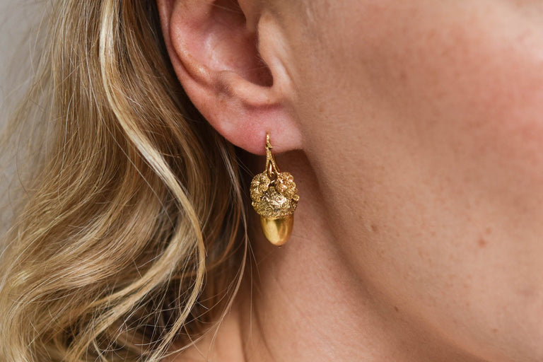 Antique Victorian Acorn and Oak Leaf Earrings in 14k Gold