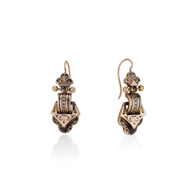 Antique Victorian Aesthetic Taille d’Épargne Rose Gold & Black Enamel Earrings