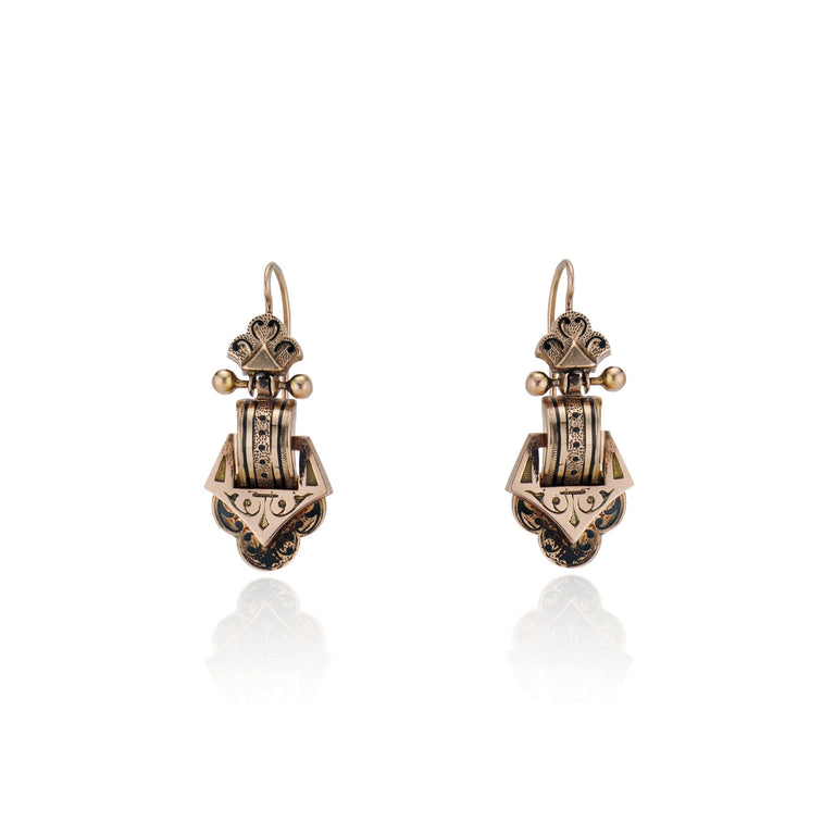 Antique Victorian Aesthetic Taille d’Épargne Rose Gold & Black Enamel Earrings