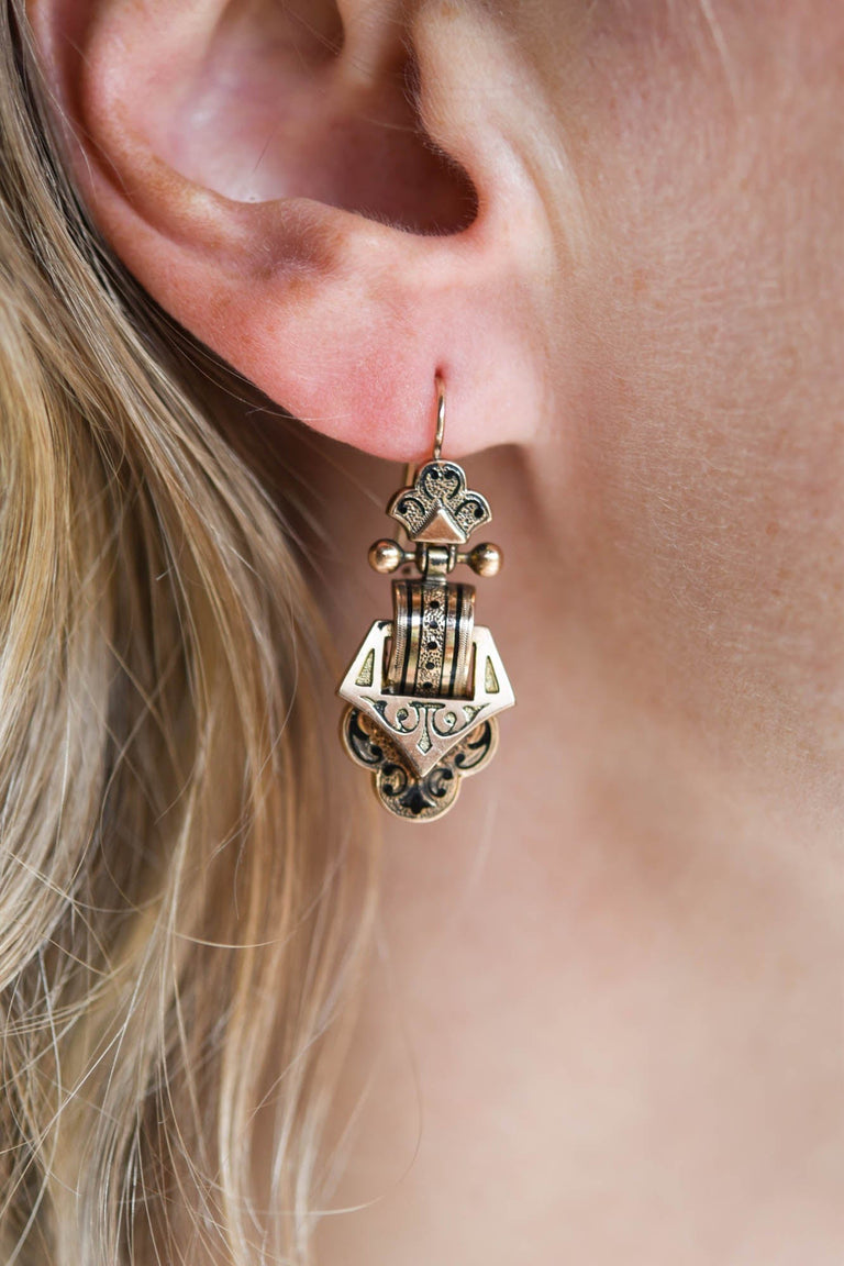 Antique Victorian Aesthetic Taille d’Épargne Rose Gold & Black Enamel Earrings