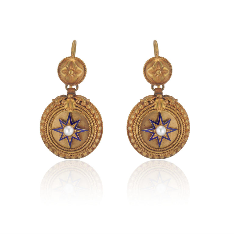 Antique Victorian Blue Enamel Star and Pearl Earrings