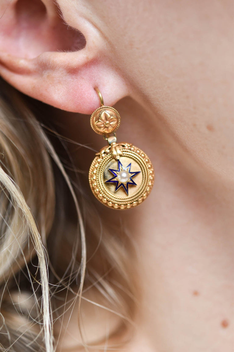 Antique Victorian Blue Enamel Star and Pearl Earrings