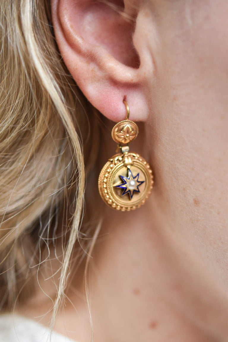 Antique Victorian Blue Enamel Star and Pearl Earrings