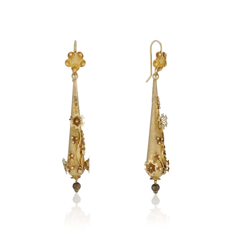 Antique Victorian Etruscan Revival Adorned Gold Drop Earrings
