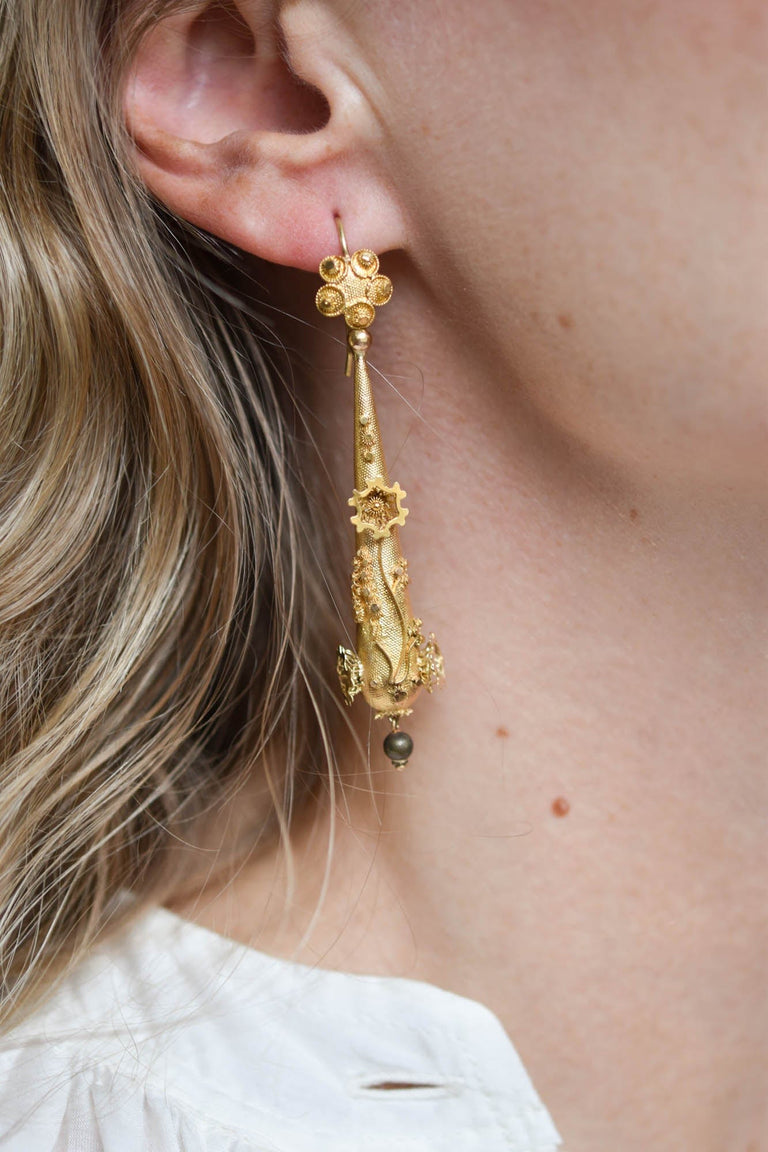 Antique Victorian Etruscan Revival Adorned Gold Drop Earrings