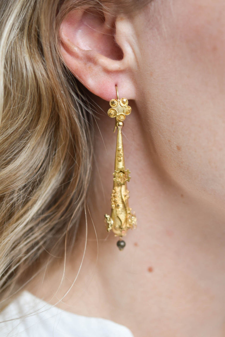Antique Victorian Etruscan Revival Adorned Gold Drop Earrings