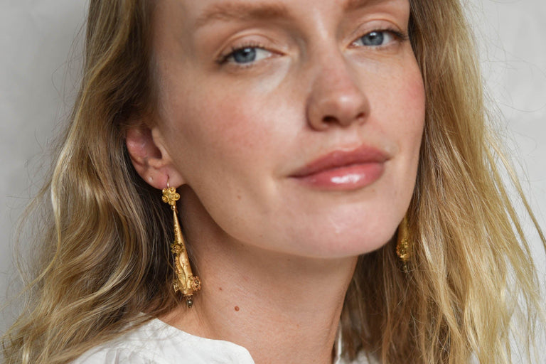Antique Victorian Etruscan Revival Adorned Gold Drop Earrings