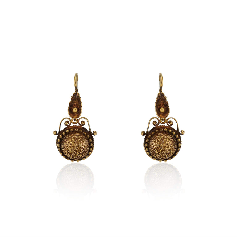 Antique Victorian Etruscan Revival Gold Leaf and Wirework Earrings