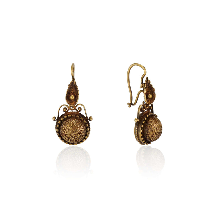 Antique Victorian Etruscan Revival Gold Leaf and Wirework Earrings