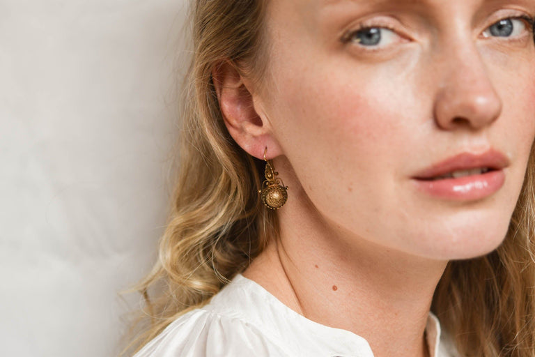 Antique Victorian Etruscan Revival Gold Leaf and Wirework Earrings