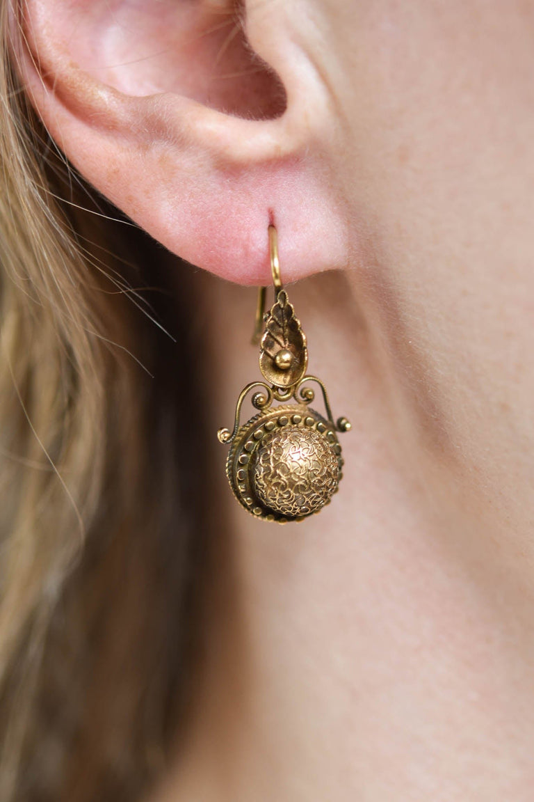 Antique Victorian Etruscan Revival Gold Leaf and Wirework Earrings