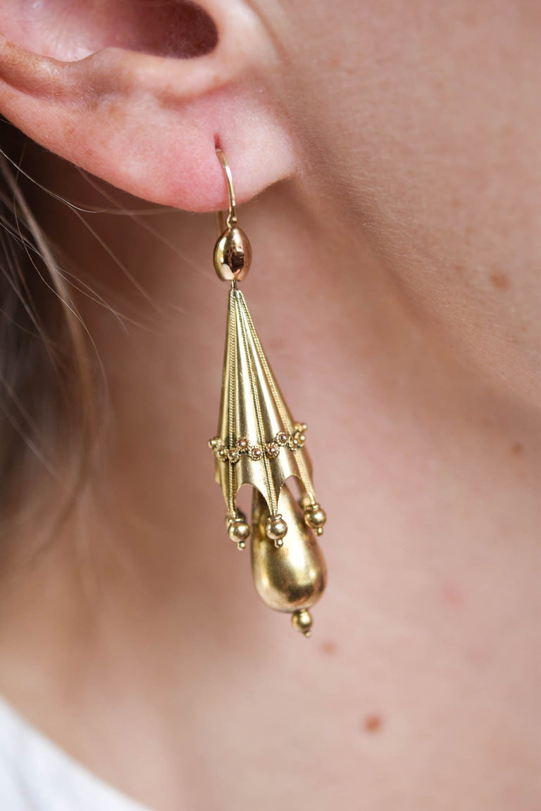 Antique Victorian Parasol Drop Earrings in 14k Gold