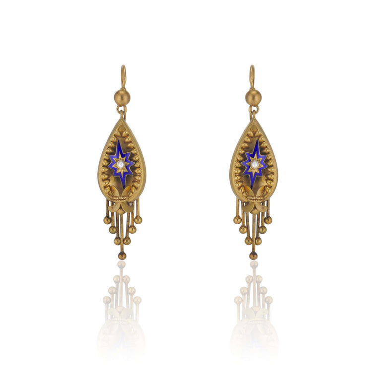 Antique Victorian Pearl and Blue Enamel Starburst Drop Earrings