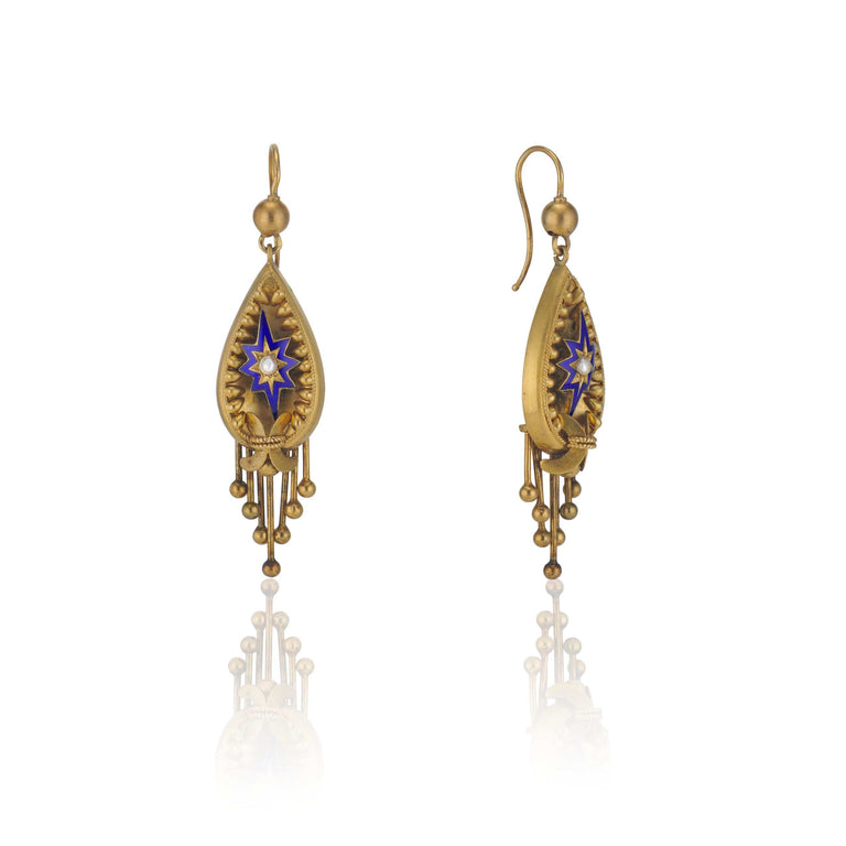 Antique Victorian Pearl and Blue Enamel Starburst Drop Earrings