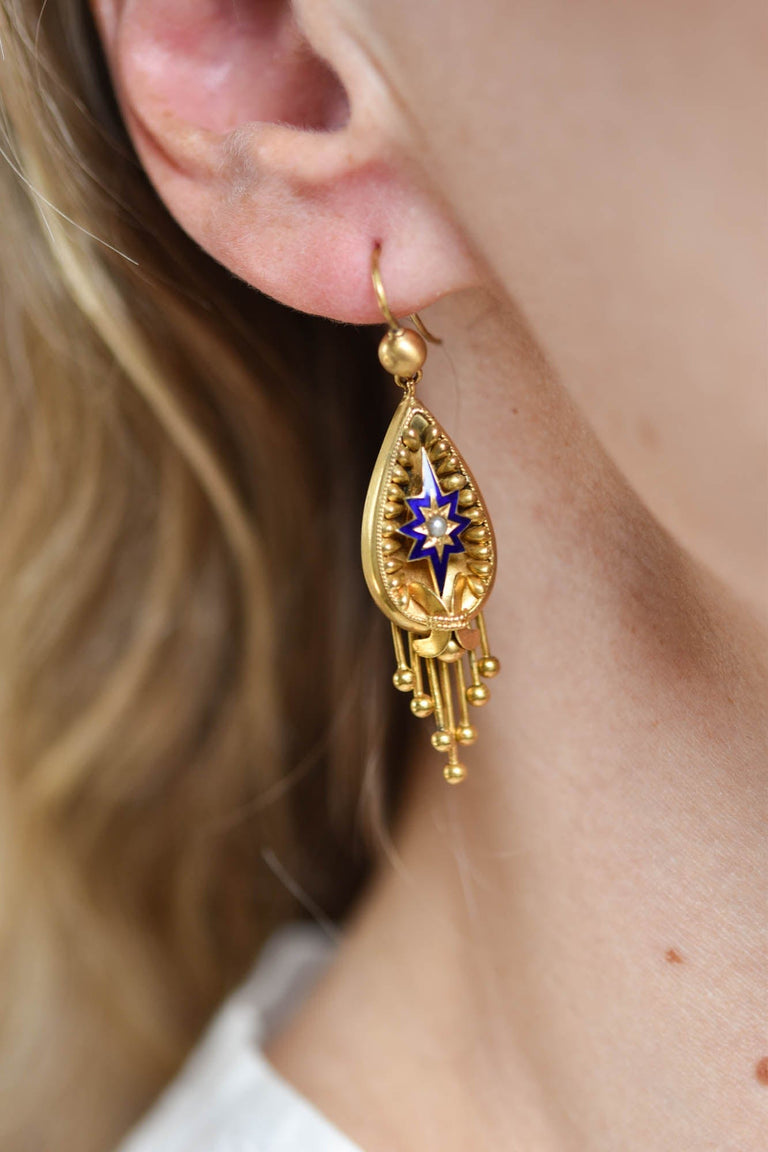 Antique Victorian Pearl and Blue Enamel Starburst Drop Earrings