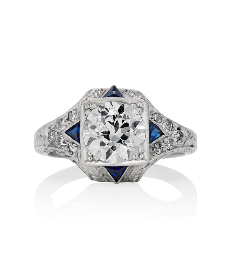 Art Deco 1.28 Carat Circular Brilliant Cut Diamond and Sapphire Platinum Vintage Engagement Ring