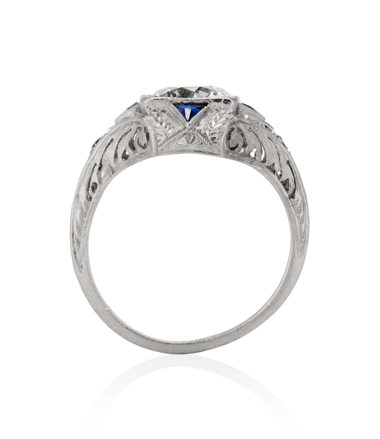 Art Deco 1.28 Carat Circular Brilliant Cut Diamond and Sapphire Platinum Vintage Engagement Ring