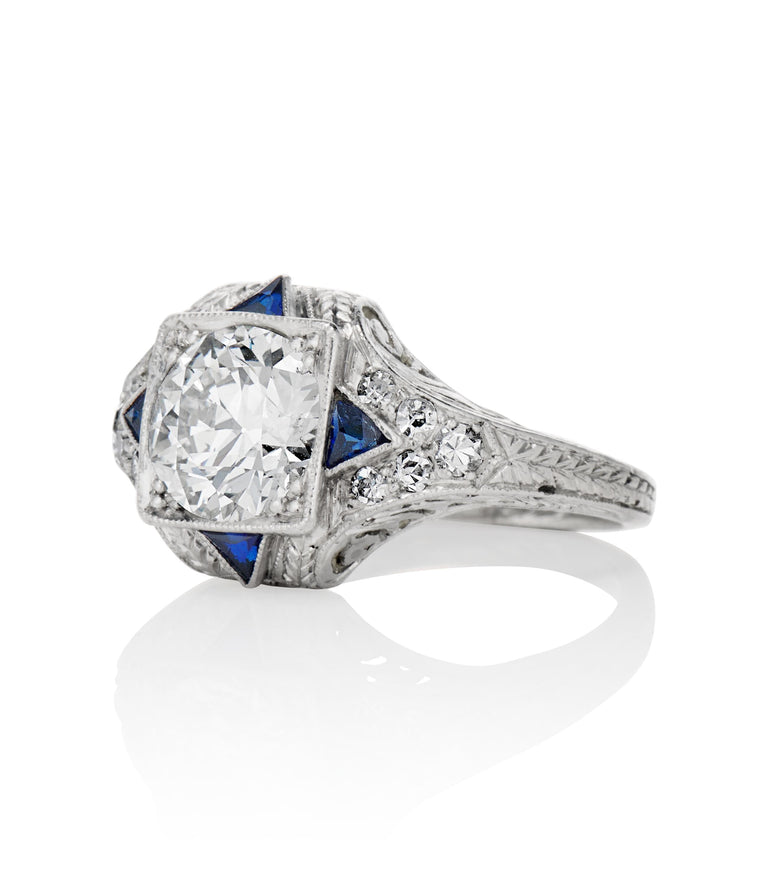 Art Deco 1.28 Carat Circular Brilliant Cut Diamond and Sapphire Platinum Vintage Engagement Ring