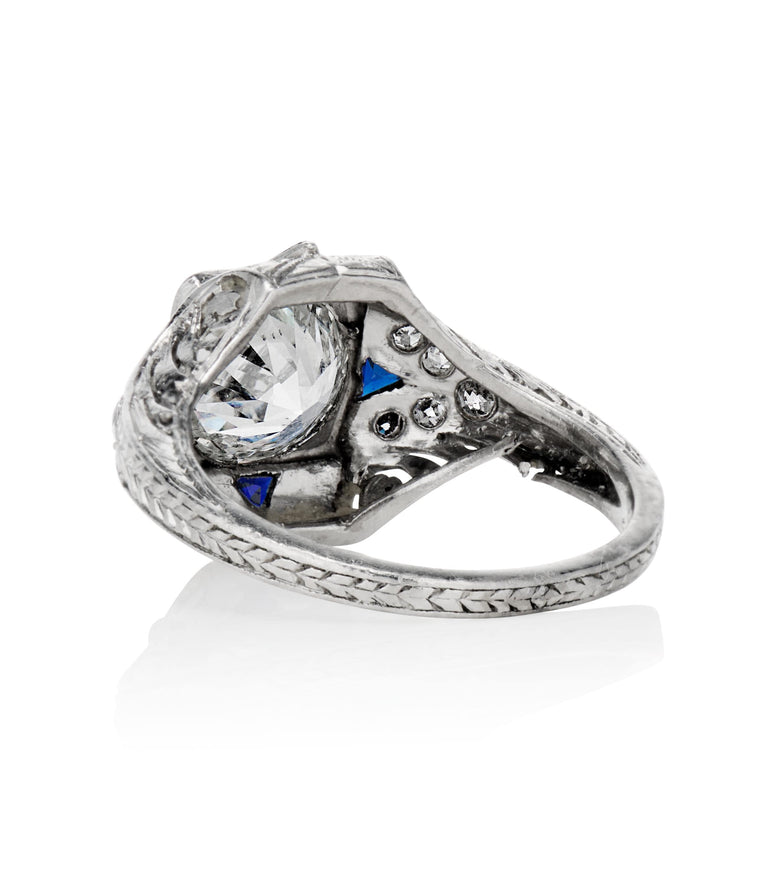 Art Deco 1.28 Carat Circular Brilliant Cut Diamond and Sapphire Platinum Vintage Engagement Ring