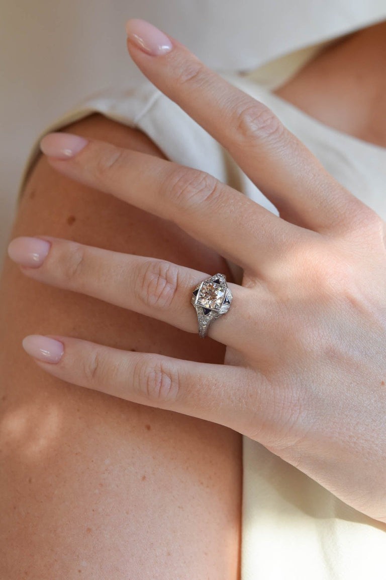 Art Deco 1.28 Carat Circular Brilliant Cut Diamond and Sapphire Platinum Vintage Engagement Ring