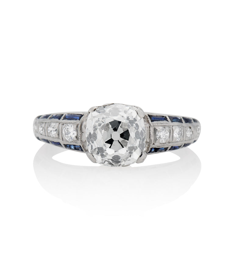 Art Deco 1.65 Carat Old European Cut Diamond and Baguette Cut Sapphire Platinum Vintage Engagement Ring