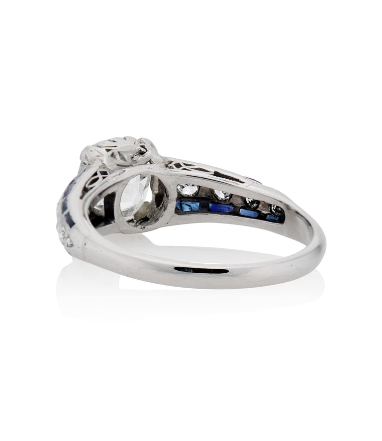 Art Deco 1.65 Carat Old European Cut Diamond and Baguette Cut Sapphire Platinum Vintage Engagement Ring