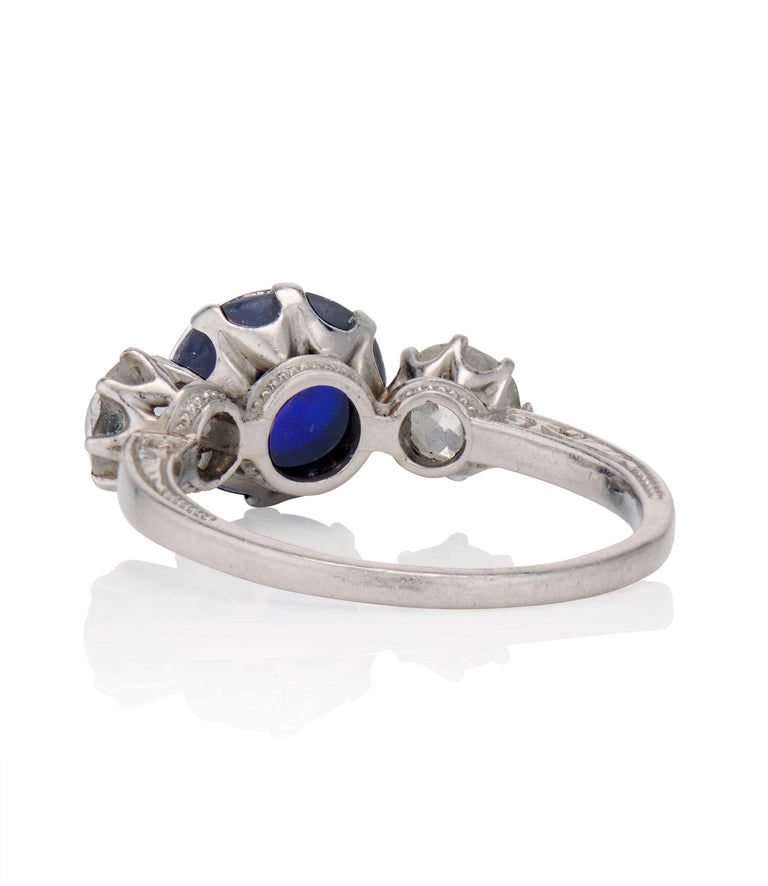 Art Deco 2.75 Carat Cabochon No Heat Sapphire and Diamond Platinum Three Stone Engagement Ring