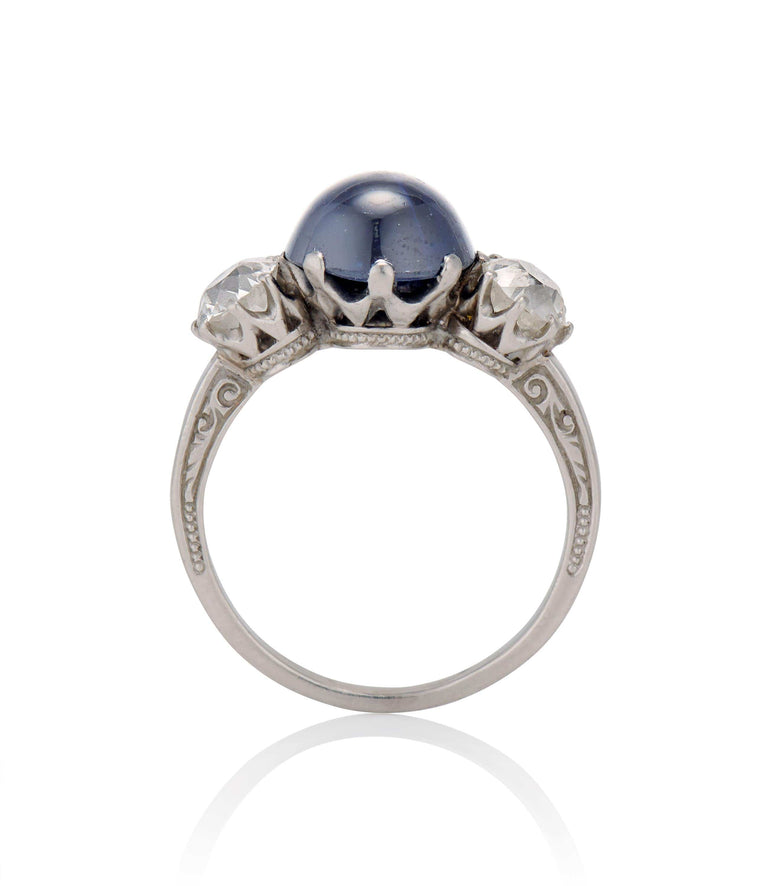 Art Deco 2.75 Carat Cabochon No Heat Sapphire and Diamond Platinum Three Stone Engagement Ring