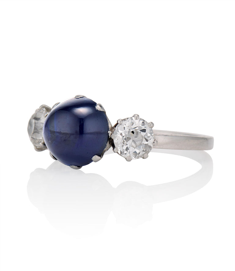 Art Deco 2.75 Carat Cabochon No Heat Sapphire and Diamond Platinum Three Stone Engagement Ring