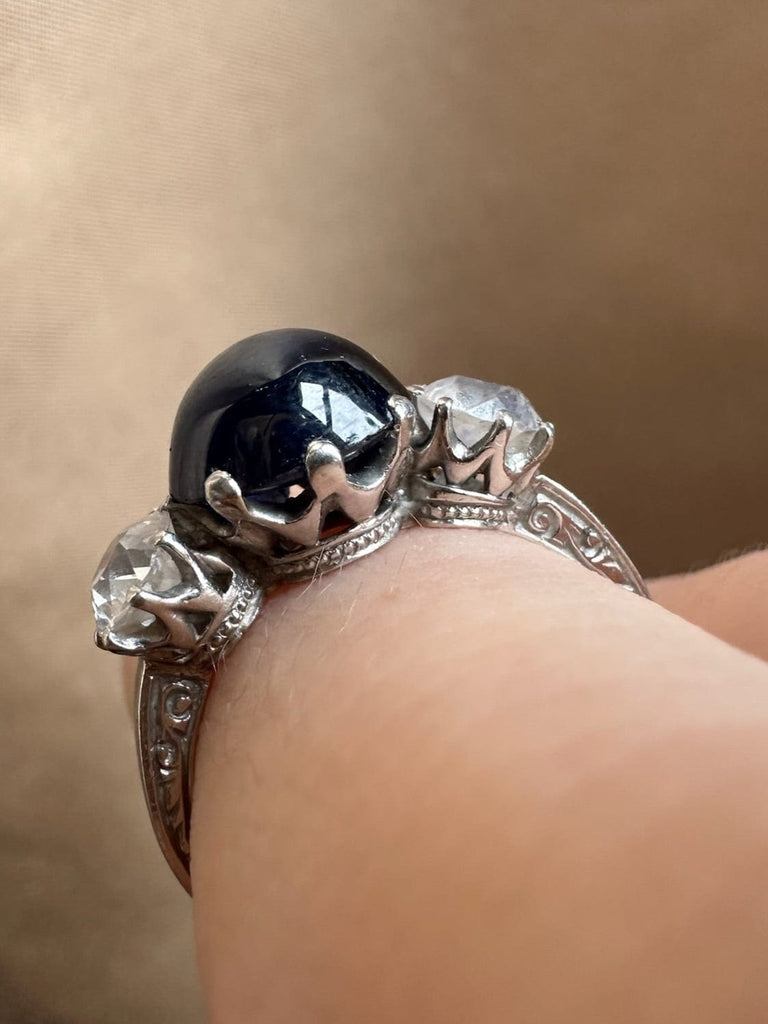 Art Deco 2.75 Carat Cabochon No Heat Sapphire and Diamond Platinum Three Stone Engagement Ring