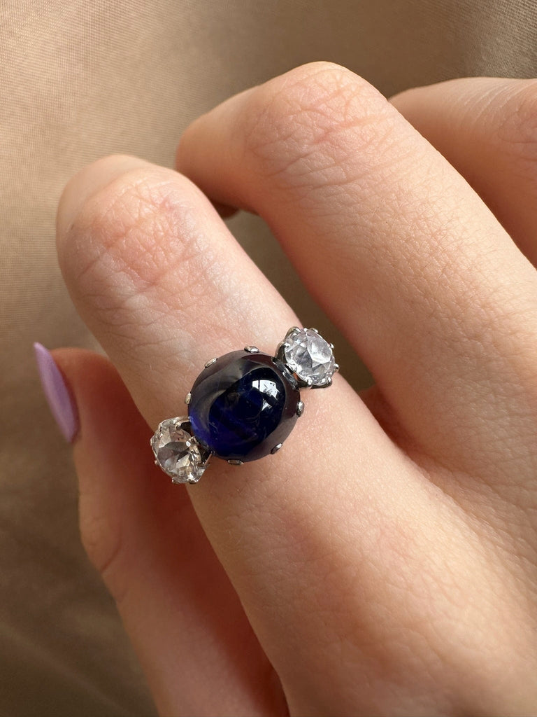 Art Deco 2.75 Carat Cabochon No Heat Sapphire and Diamond Platinum Three Stone Engagement Ring