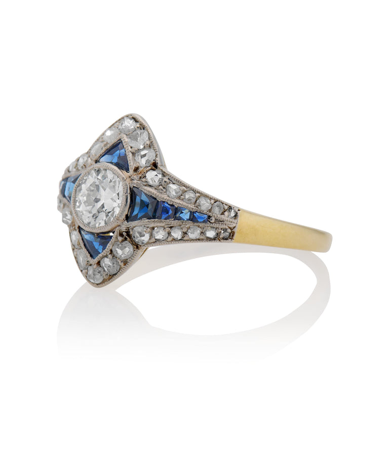 Art Deco .45 Carat Old European Cut Diamond & Sapphire Vintage Engagement Ring