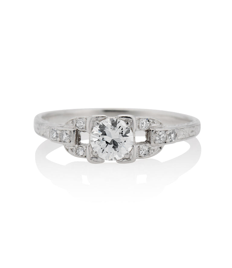 Art Deco .50 Carat Round Brilliant Cut Diamond Platinum Vintage Engagement Ring