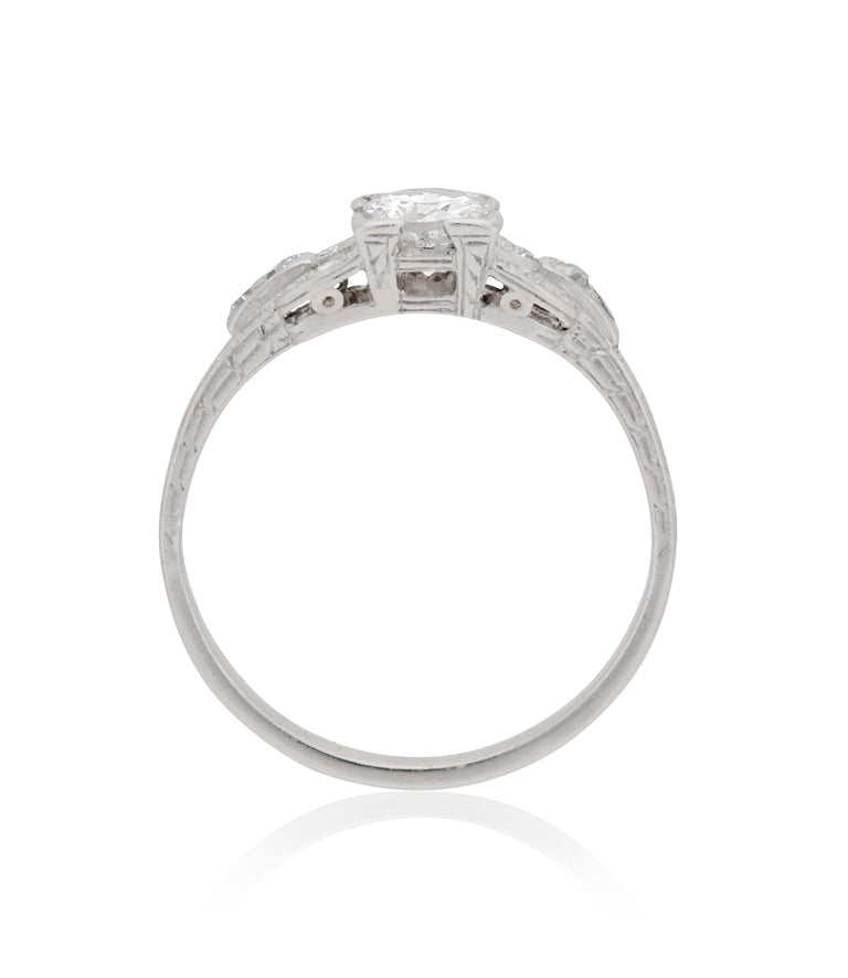 Art Deco .50 Carat Round Brilliant Cut Diamond Platinum Vintage Engagement Ring