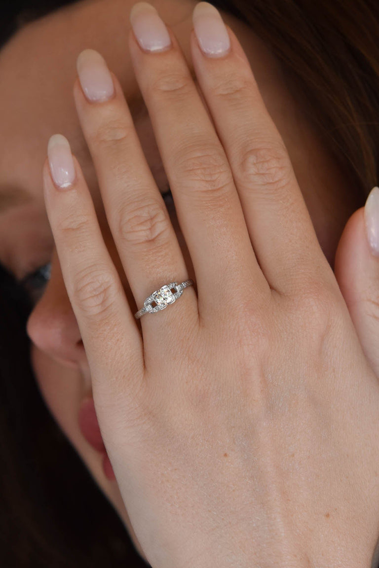 Art Deco .50 Carat Round Brilliant Cut Diamond Platinum Vintage Engagement Ring