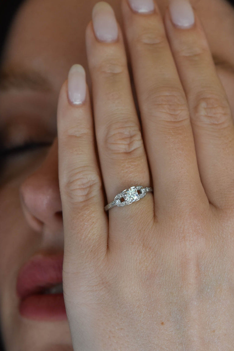 Art Deco .50 Carat Round Brilliant Cut Diamond Platinum Vintage Engagement Ring