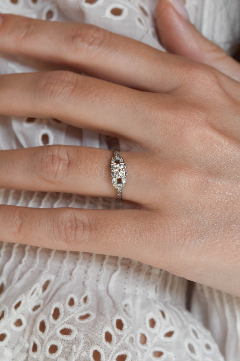 Art Deco .50 Carat Round Brilliant Cut Diamond Platinum Vintage Engagement Ring