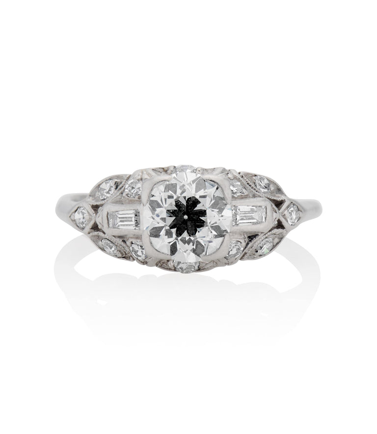 Art Deco .80 Carat Round Brilliant Cut Diamond Platinum Vintage Engagement Ring