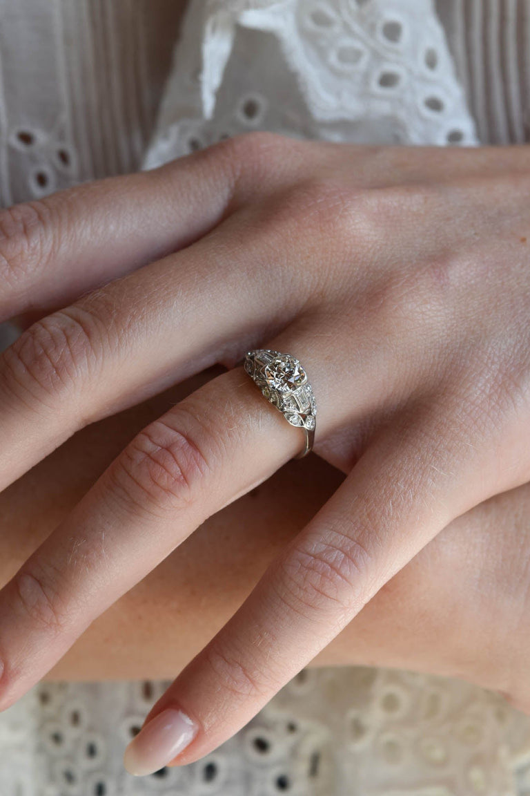 Art Deco .80 Carat Round Brilliant Cut Diamond Platinum Vintage Engagement Ring