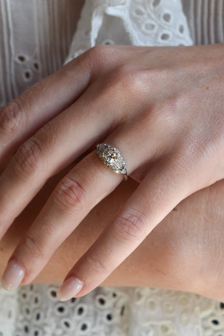 Art Deco .80 Carat Round Brilliant Cut Diamond Platinum Vintage Engagement Ring