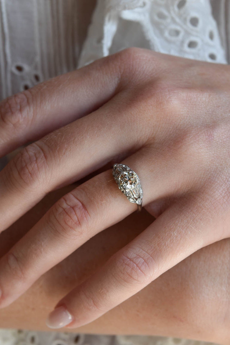 Art Deco .80 Carat Round Brilliant Cut Diamond Platinum Vintage Engagement Ring
