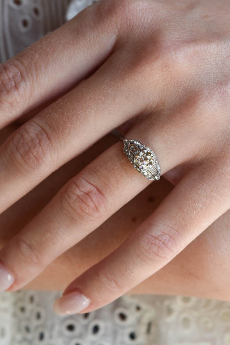 Art Deco .80 Carat Round Brilliant Cut Diamond Platinum Vintage Engagement Ring