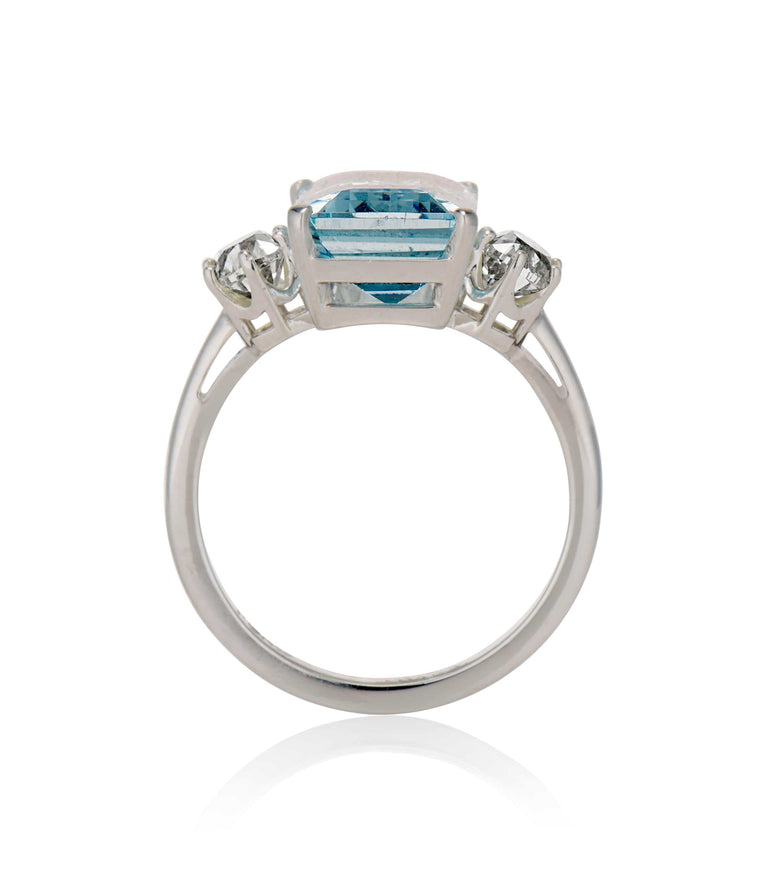Contemporary 4.10 carat Emerald Cut Aquamarine and Reclaimed Old Mine Diamond Platinum Antique Engagement Ring