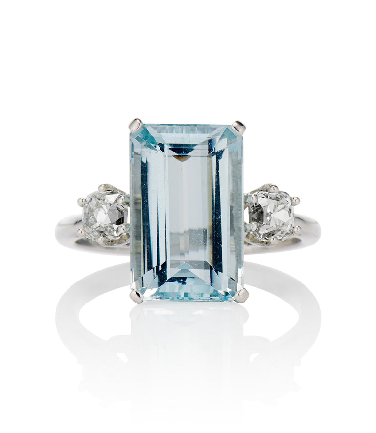 Contemporary 4.10 carat Emerald Cut Aquamarine and Reclaimed Old Mine Diamond Platinum Antique Engagement Ring