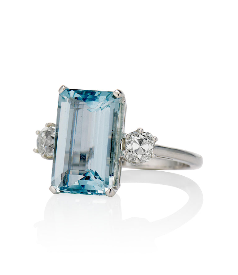 Contemporary 4.10 carat Emerald Cut Aquamarine and Reclaimed Old Mine Diamond Platinum Antique Engagement Ring