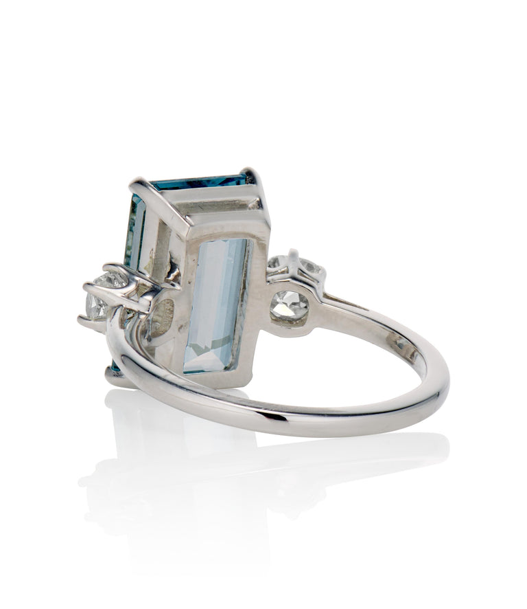 Contemporary 4.10 carat Emerald Cut Aquamarine and Reclaimed Old Mine Diamond Platinum Antique Engagement Ring