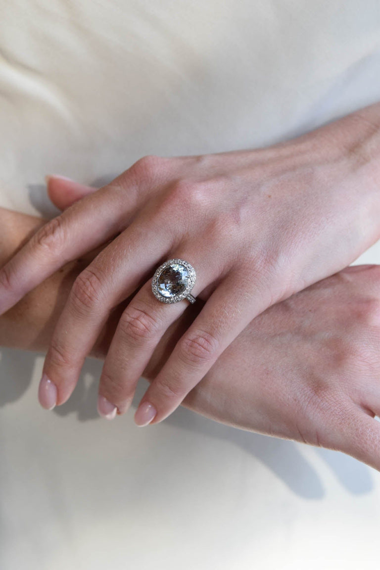 Contemporary 5.15 Carat Checkered Oval Aquamarine and Diamond Cluster White Gold Engagement Ring