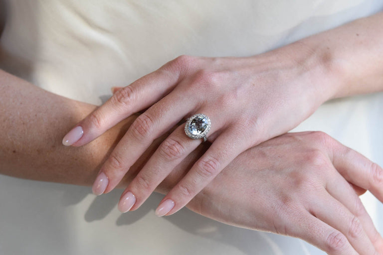 Contemporary 5.15 Carat Checkered Oval Aquamarine and Diamond Cluster White Gold Engagement Ring